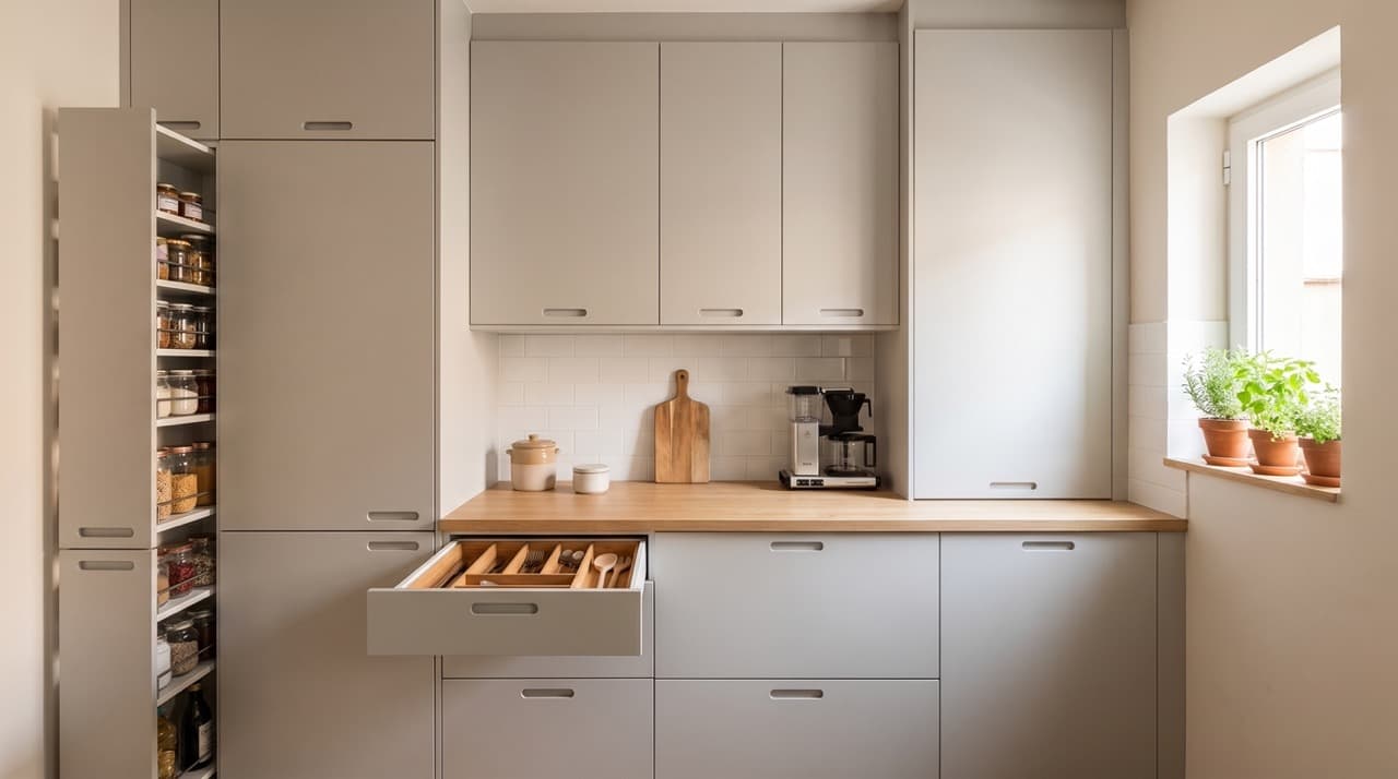 Cocina pequeña reformada en Barcelona con almacenaje optimizado armarios hasta el techo y cajones extraíbles