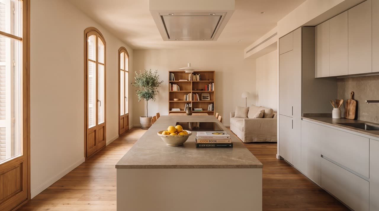 Cocina abierta al salón en piso reformado de Barcelona con isla y campana integrada