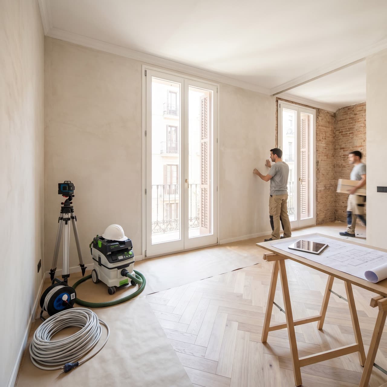 Equipo de reformas trabajando en un piso de Barcelona